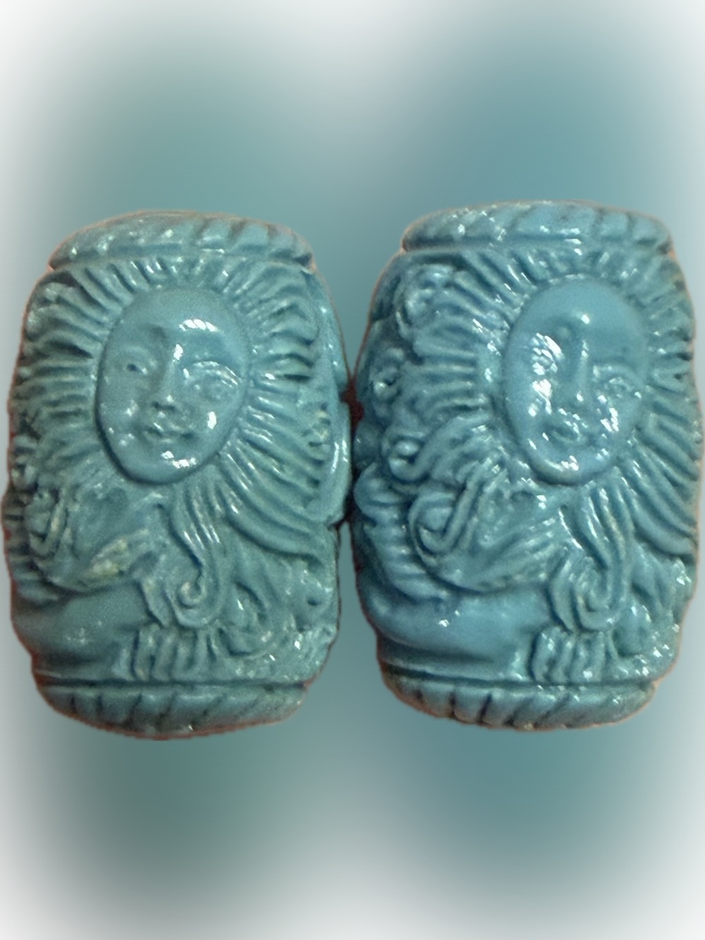 Carved Sun Face/Mermaid Turquoise Color Resin Beads - set of 2
